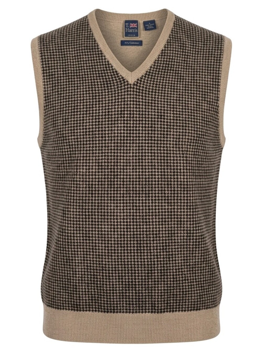 T Harris London Vest Mens Large Brown Beige Houndstooth 100% Cashmere V-Neck